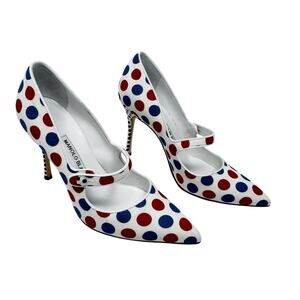 Manolo Blahnik Campari Polka Dot Linen Mary Jane Pumps 36 US 6 Heels Box 105mm